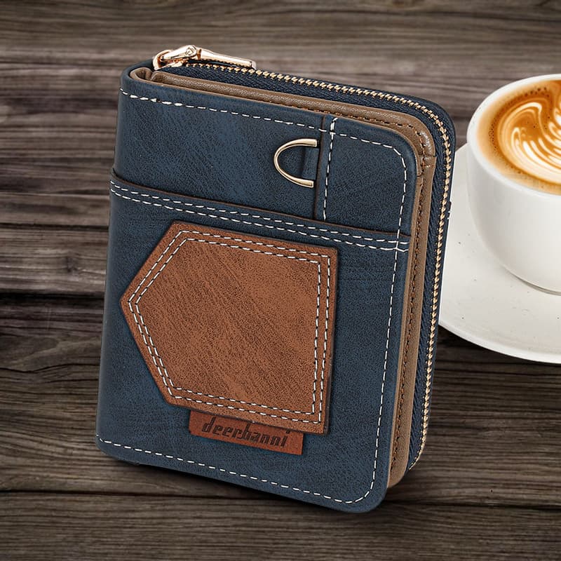 New spliced men's money wallet simple folding compact retro coin purse European and American business two-fold zipper zero