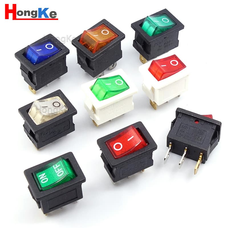 KCD1 Illuminated Rocker Switch, Three-Pronged Two-Position, Rocker Power Switch with Red, Yellow, Blue, and Green LEDs, 220V/12V