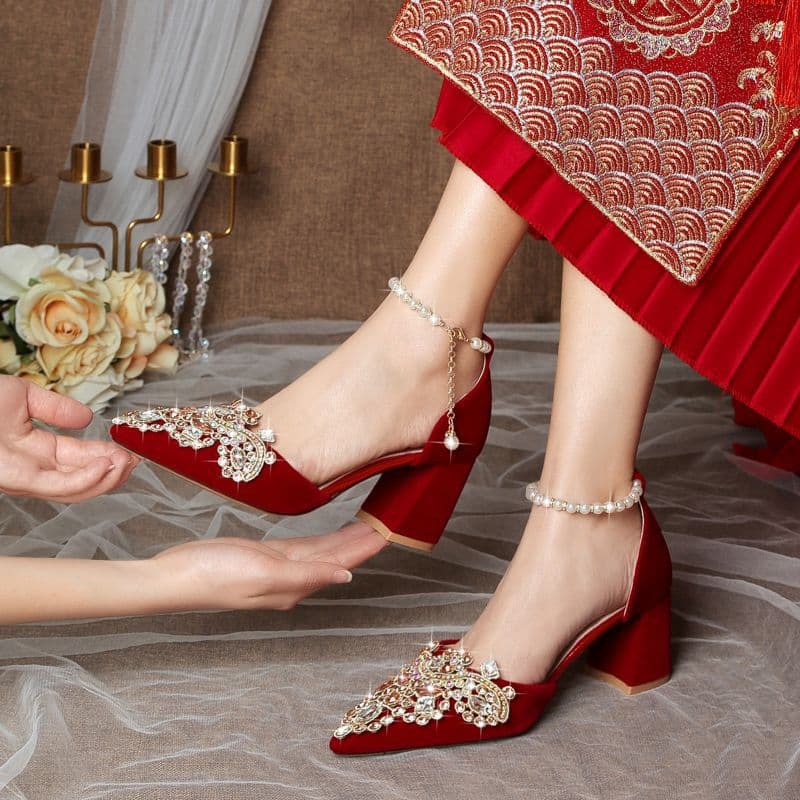 Spring/Summer Chunky Heel Wedding Shoes 2026 New Red for Xiuhe Suit and Wedding Dress Two-Wear Comfortable for Pregnant Women High Heel