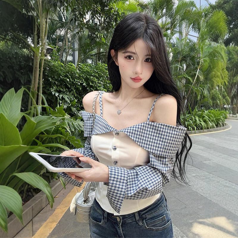 Chic design plaid stitching fake two-piece one-shoulder long-sleeved shirt for women early autumn slim unique and beautiful top