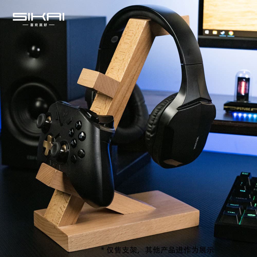 Solid Wood Headphone and Game Controller Stand for PS5/Xbox, 3-Tier Storage Rack