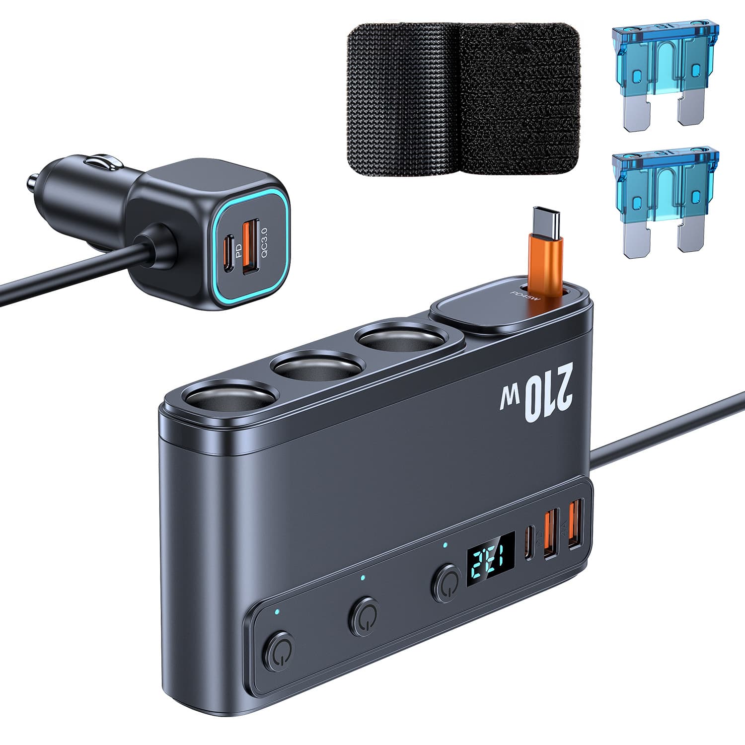 C35-L Car Charger PD65W Vehicle Fast Charger 3-in-1 Retractable Cable Phone Charger Head Total 228W