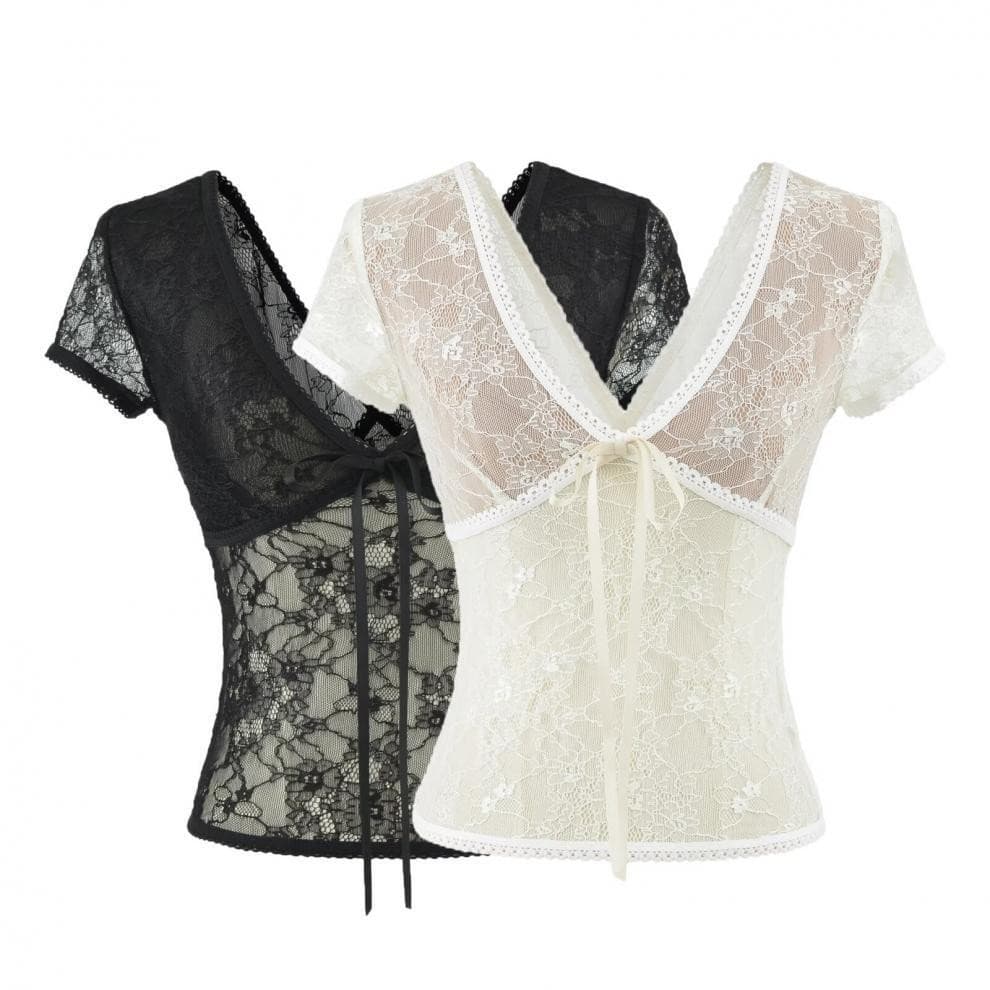 Pure lust hot girl sexy backless lace V-neck short-sleeved lace top slim fit niche temperament top