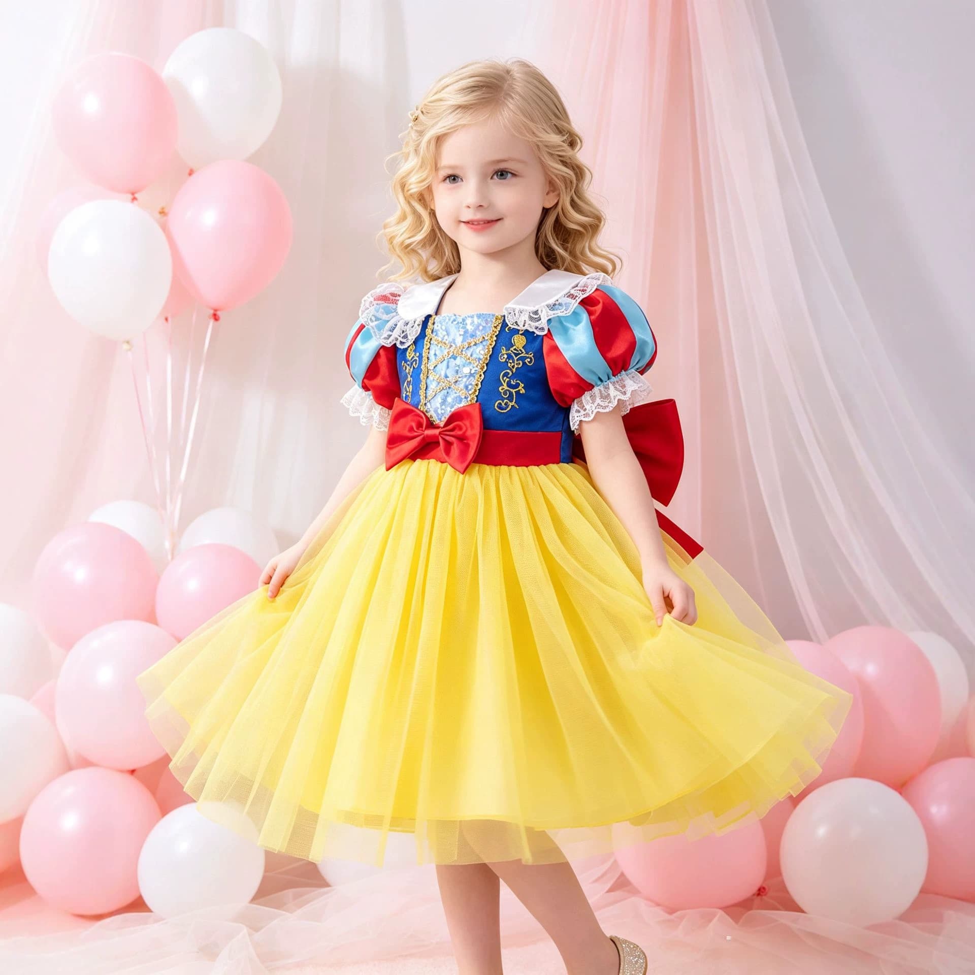 2025 New Summer Girls Dress Festival Performance Tulle Mesh Gown Kids Snow White Princess Dress