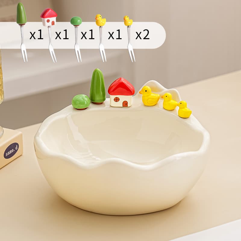 Cute Ceramic Fruit Plate with Small Forks Home 304 Fruit Fork Set Living Room Cream Style Snack Fruit Bowl