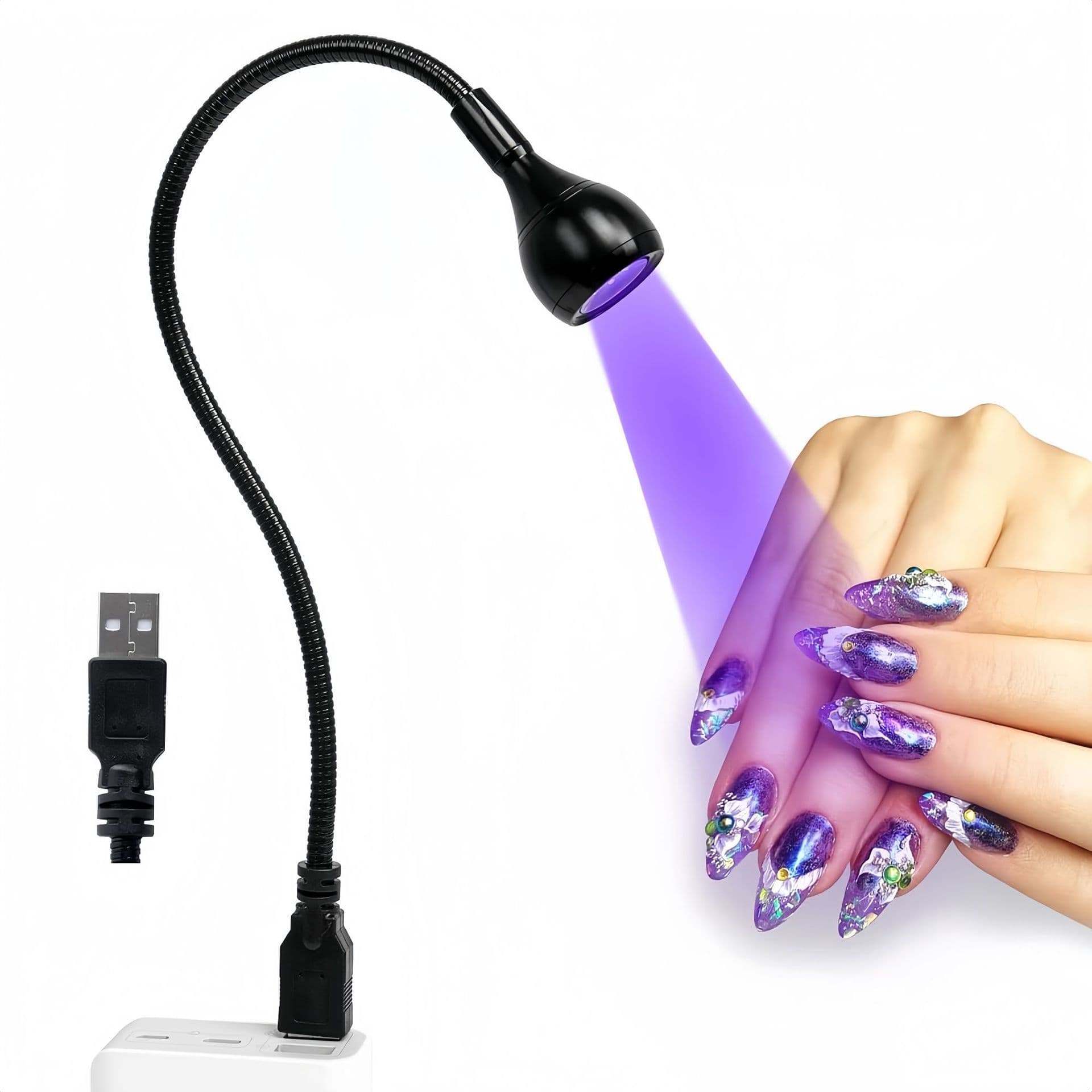 Gooseneck Linear Nail Lamp UV Curing Light Therapy Lamp Metal Flexible Hose Adjustable 395nm Purple Light Nail Dryer