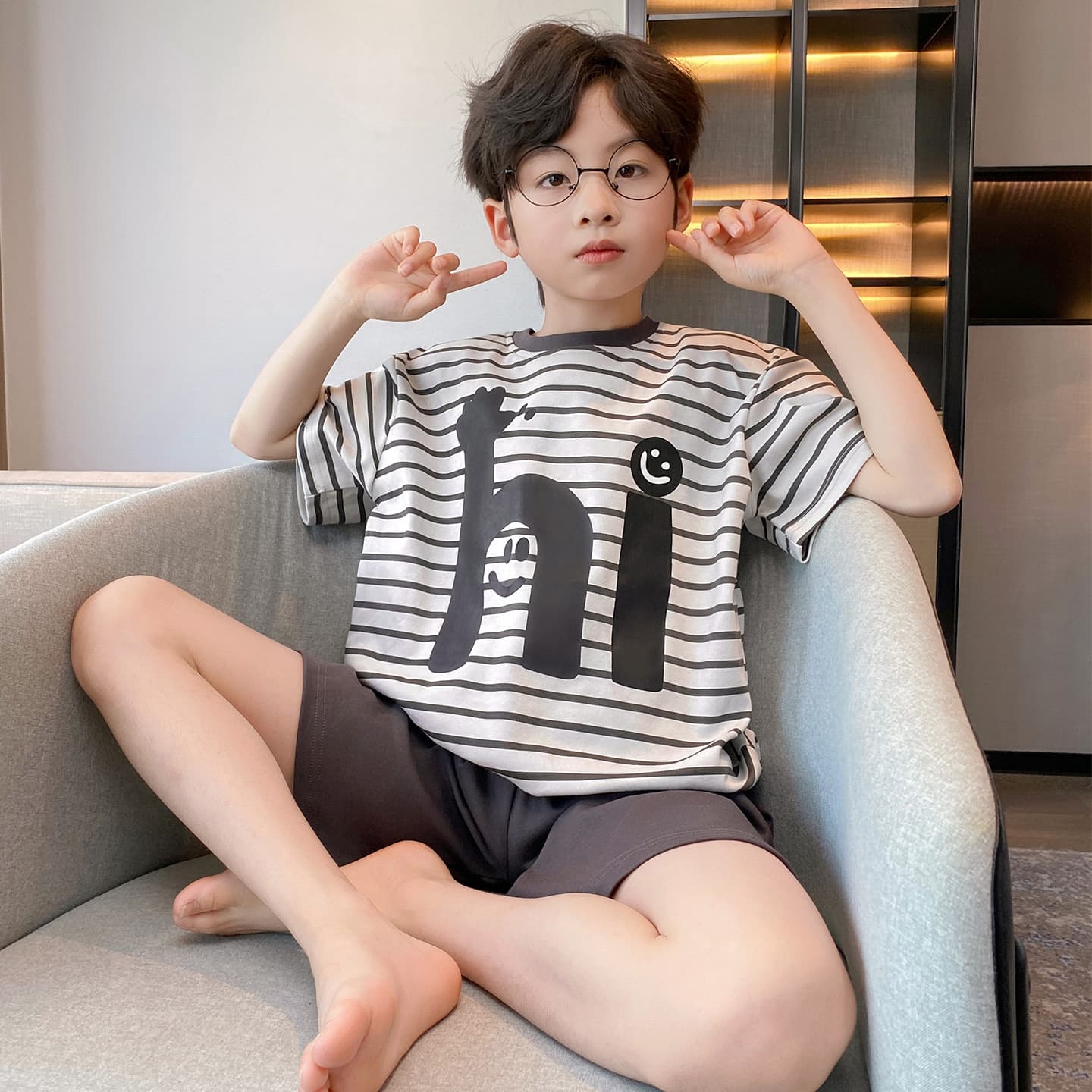 Boys' Summer Pajamas, Short Sleeve Cotton Thin Style, Youth Student Set, Children's Homewear for Middle and Older Boys
