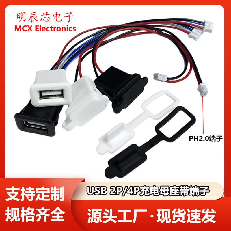 USB 2.0 Straight Press Solder Type Female Socket for Lamps, Toys, and Phone Charging Port, 2A Waterproof Socket 2P/4P