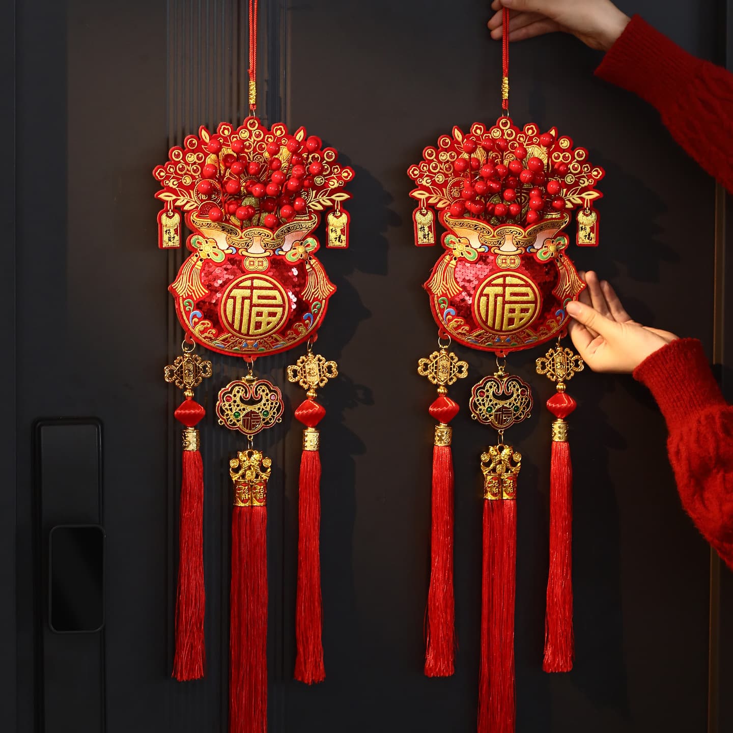 New Year Lucky Bag Hanging String, Year of the Horse "Fu" Character Fish and Lucky Barrel Ornament, Living Room Hanging Decor for Home Spring Festival Supplies