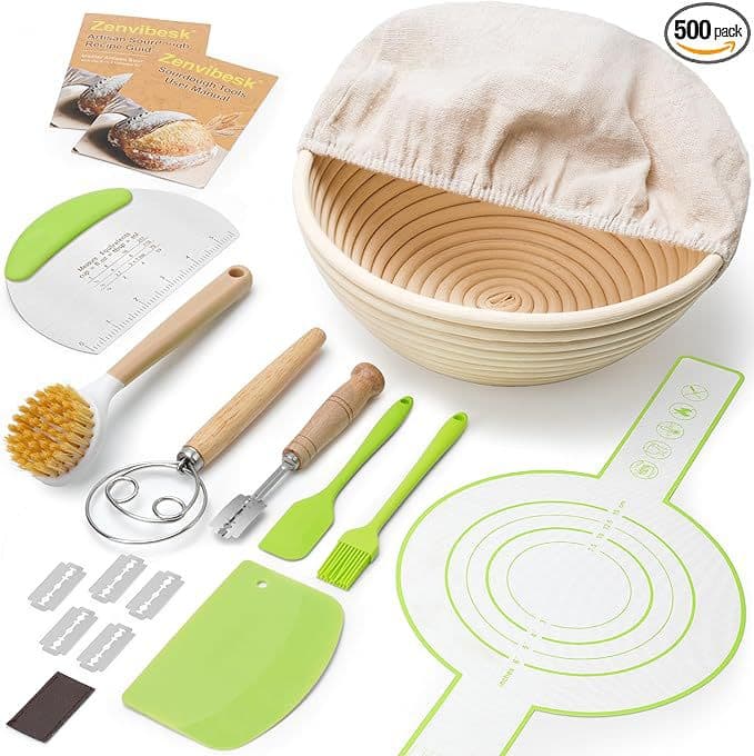 Sourdough Starter Kit and 9-Inch Round Banneton Bread Proofing Basket Set 9-in-1 Baking Tools with Dough