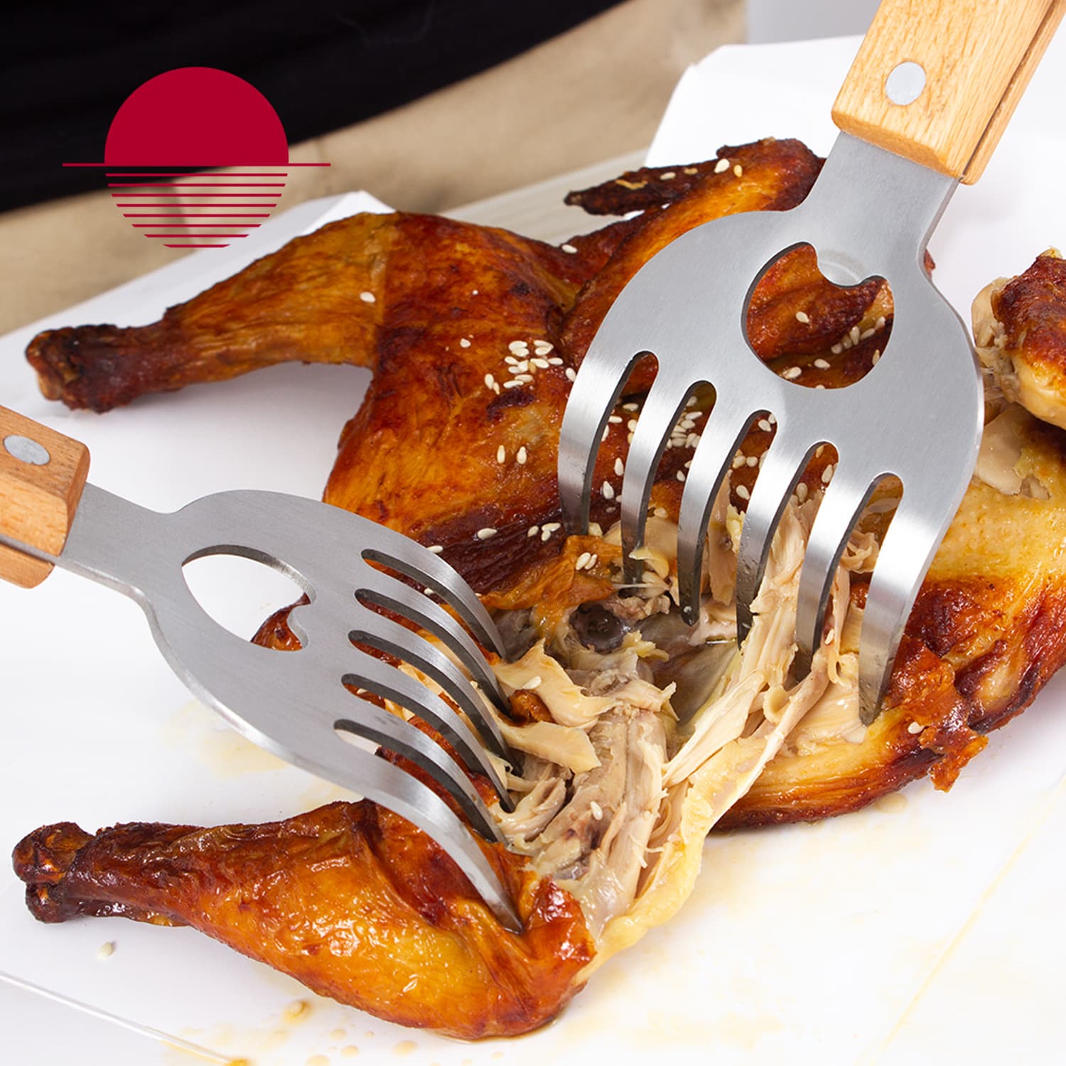 2-Piece Set Long Wooden Handle Stainless Steel Bear Claw Shredder, Cooked Food Fixer for Hand-Pulled Chicken