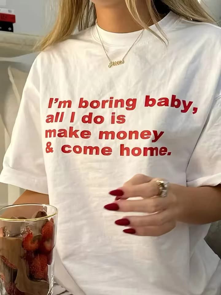 Hip Hop Women's Summer Casual Crew Neck T-Shirt with Red Letter Print Short Sleeve Street T-Shirt Black