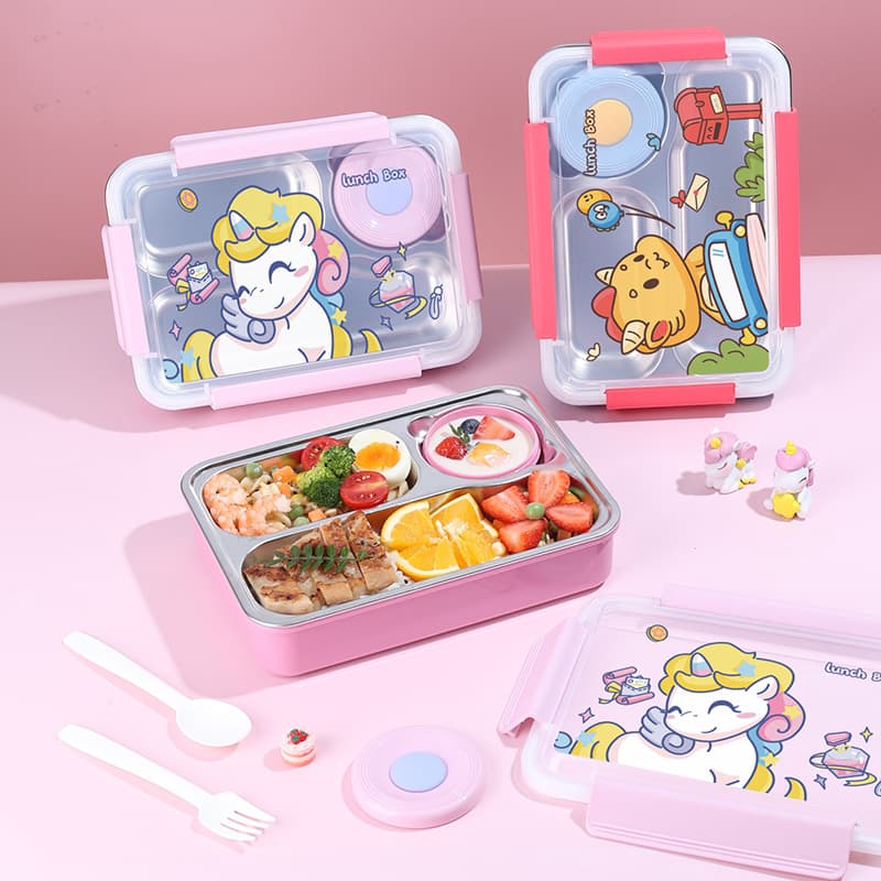 Creative Cartoon Water-Filled Heating 304 Stainless Steel Lunch Box with Cutlery, Portable Lunch Container for Students and Office Workers