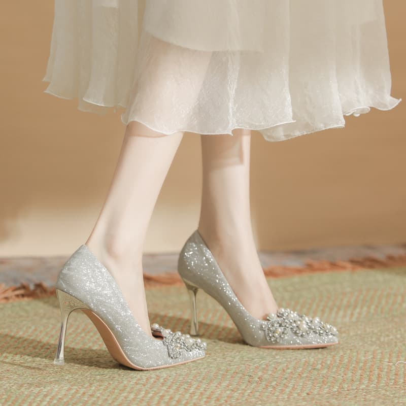 Xinzhilan New Pointed Toe Thin Heel Electroplated Heel Silver Gold Wedding Shoes High Heels Bride Shoes Bridesmaid Shoes Wide Fit