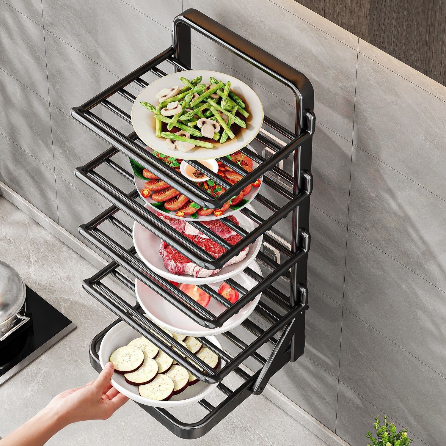Foldable Wall-Mounted or Counter Multi-Functional Kitchen Rack for Prep Trays and Plates, Factory Direct