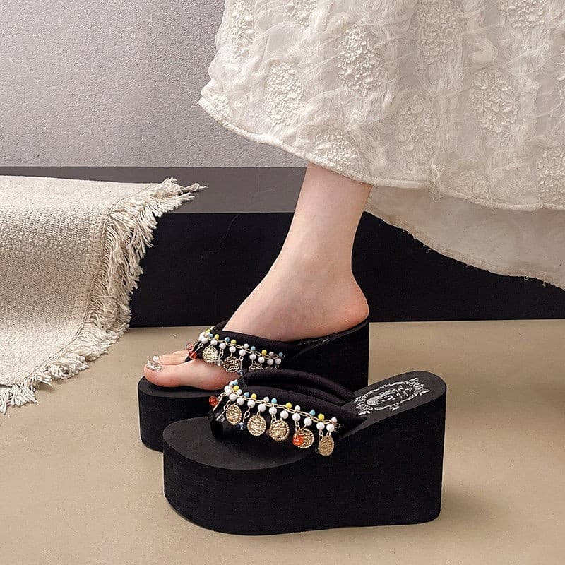 Thick-Soled High-Heel Women's Flip Flops Outdoor Slippers Anti-Slip Wedge Beach Vacation Sequins Flip Flops