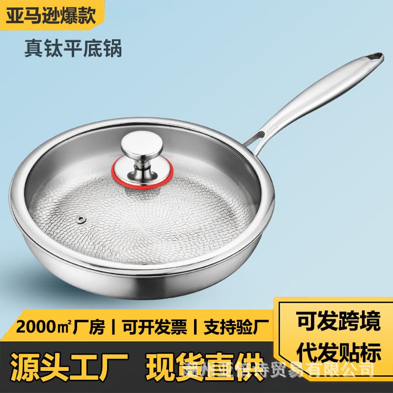 German High-End Titanium Flat Bottom Pan, Home Use Non-Coated Steak Titanium Pan, Titanium Alloy Non-Stick Pan for Gas Stove, YouTai Pan