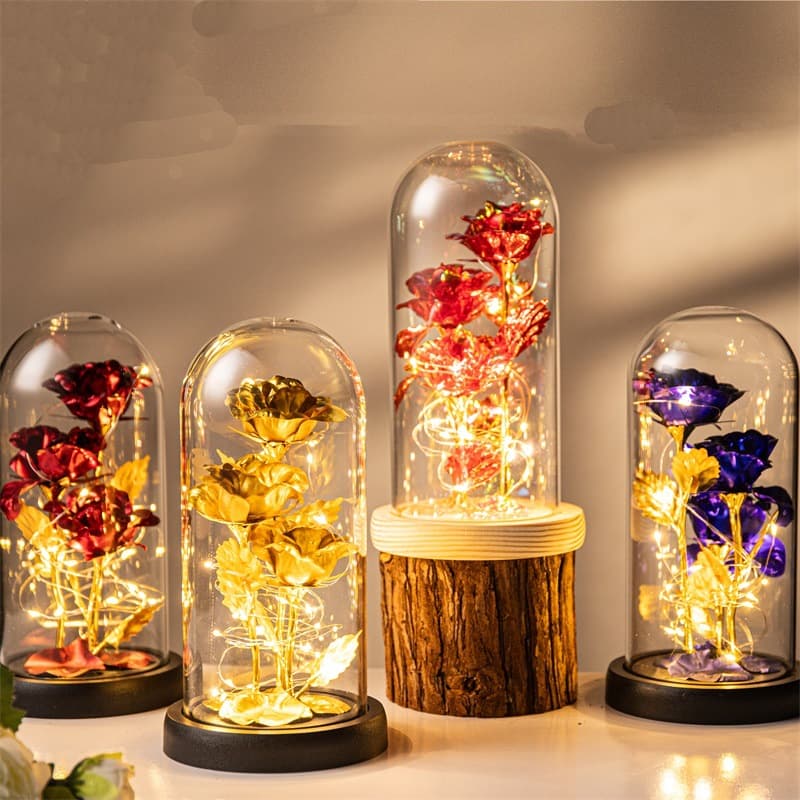 Simulated Three Gold Foil Roses Glass Dome Glowing Christmas Valentine's Day Creative Night Light Ornament Cross-border