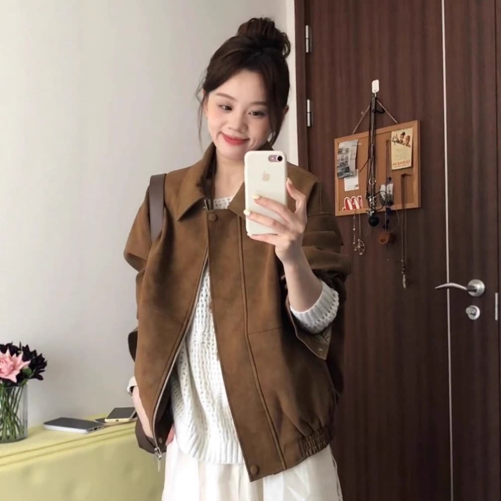 Retro suede jacket for women autumn 2025 new high-end small lapel loose casual jacket top