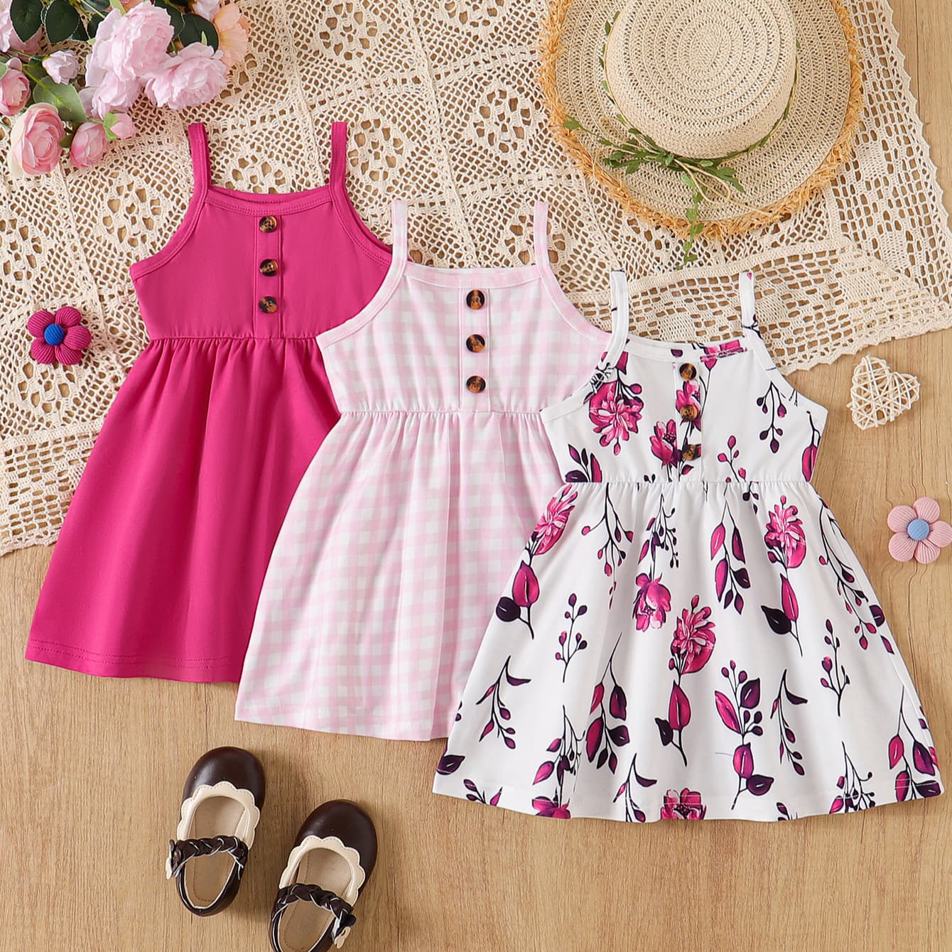 3-piece set of floral print suspender skirt for baby girls + solid color button suspender skirt + plaid print button splicing suspender