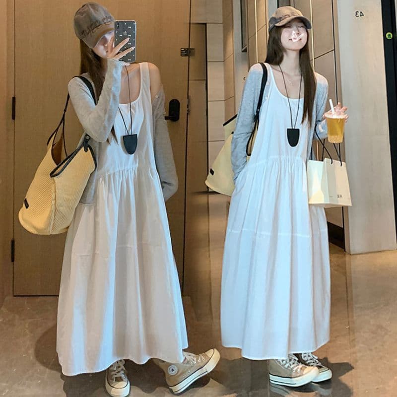 Fashion Outerwear Gray Casual Stylish Loose Feel Korean Version Maternity Vest Dress Two-Piece Set Spring Summer New Cardigan