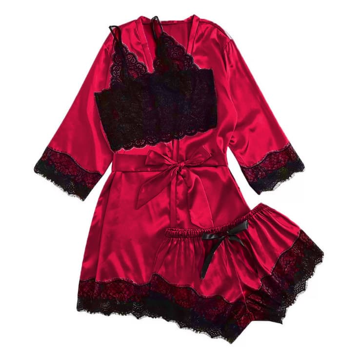 Wholesale New European and American Silk Homewear Three-Piece Set Fashion Lace Trim Pajama Set