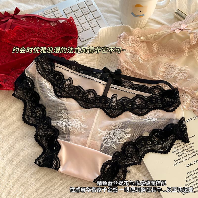 Lace Sensual Panties Women French Satin Pure Desire Hollow Out Cotton Gusset Breathable Girls Low-Rise Triangle Panties Wholesale