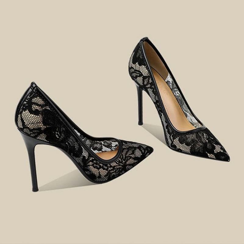 Mesh High Heel Shoes for Women 2025 New Summer Niche Celebrity Style Black Lace Thin Heel Pointed Toe Pumps