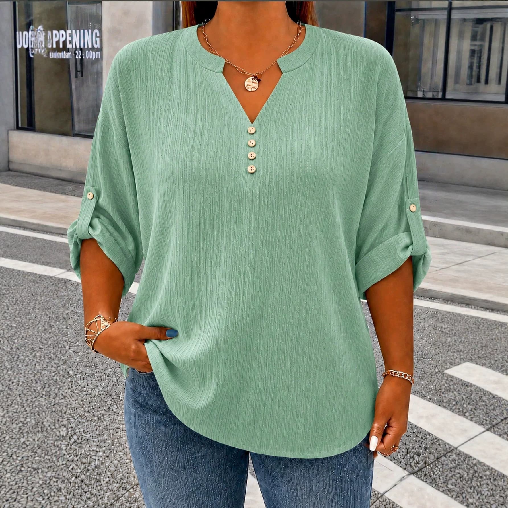 Plus size women's new European and American cross-border TEMU Amazon summer casual solid color long-sleeved small V-neck top