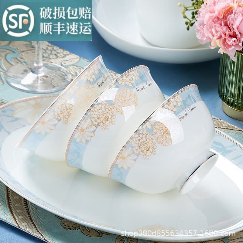 Dinnerware Set Home High-Temperature Underglaze Jingdezhen Bone China Tableware Set Ceramic Chinese-Style Bowls Plates Chopsticks Wholesale