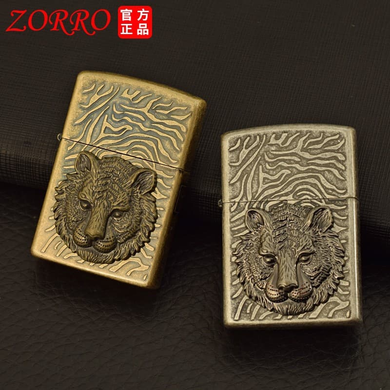 Genuine Zorro kerosene windproof lighter with three-sided tiger head emblem, TikTok live streaming trendy men's lighter modification