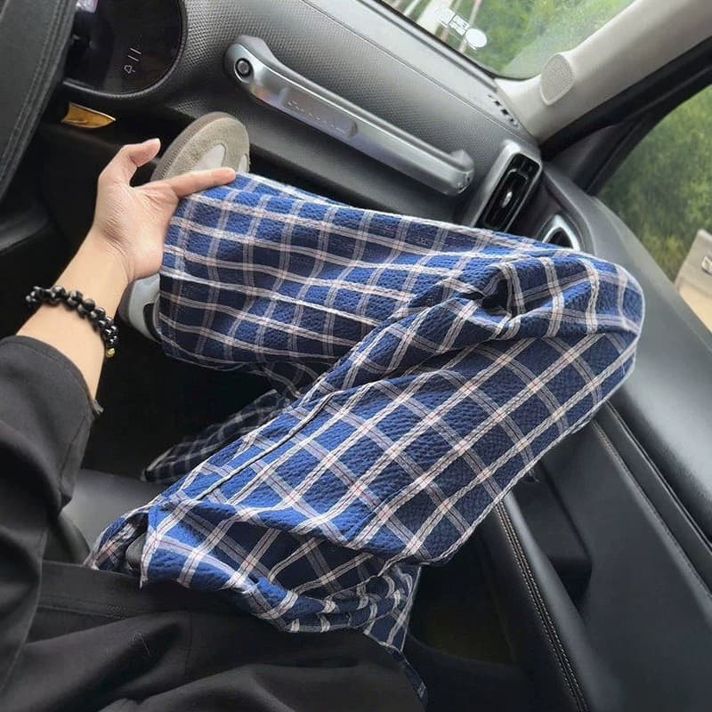 Navy seersucker plaid trousers for men and women summer thin ice silk quick-drying trousers drapey straight wide-leg casual trousers