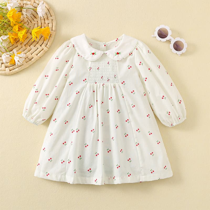 Girls Long Sleeve Dress Spring Autumn Smocked Children Dress Hand Embroidered Doll Collar Cute Printed Cotton Princess Dress