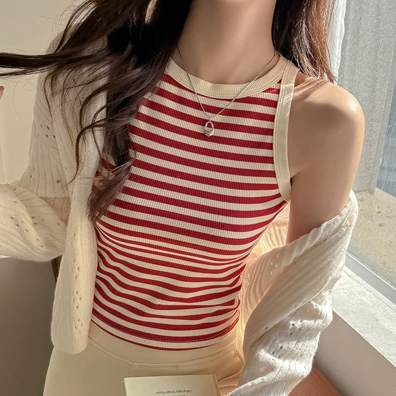 Factory Striped Camisole Tank Top for Women Summer Slim Fit Layering French Contrast Design Sleeveless Top