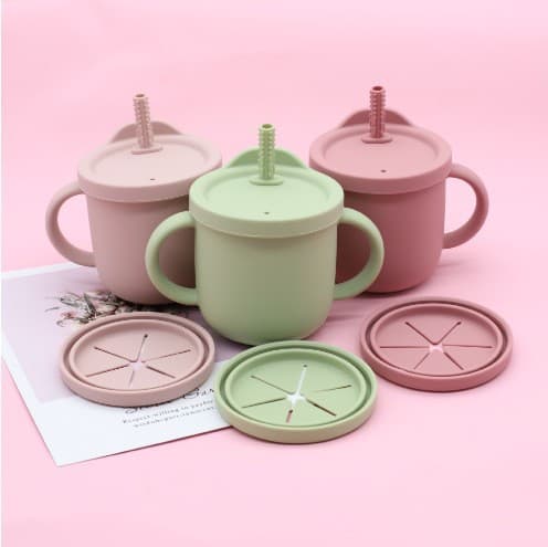 In Stock Baby Silicone 2-in-1 Water Cup Kids Snack Cup Learning Drinking Cup with Straw and Direct Sip Lid