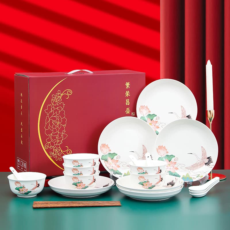 Chinese Trendy Ceramic Dinnerware Set, Home Use Bowls, Plates, and Dishes Combination, Housewarming Gift, Chopsticks Gift Box, Corporate Employee Gift