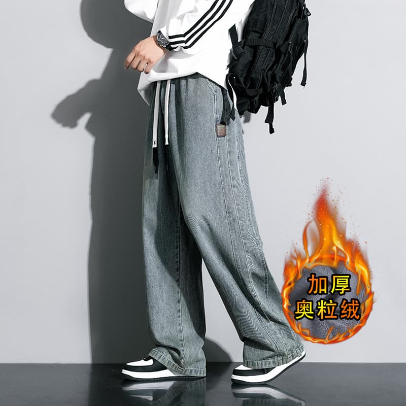 JYF-A502JR New Straight Leg High-Street Style Personalized Jeans American Retro Slimming Extra Wide Large Size Fleece-Lined Thickened