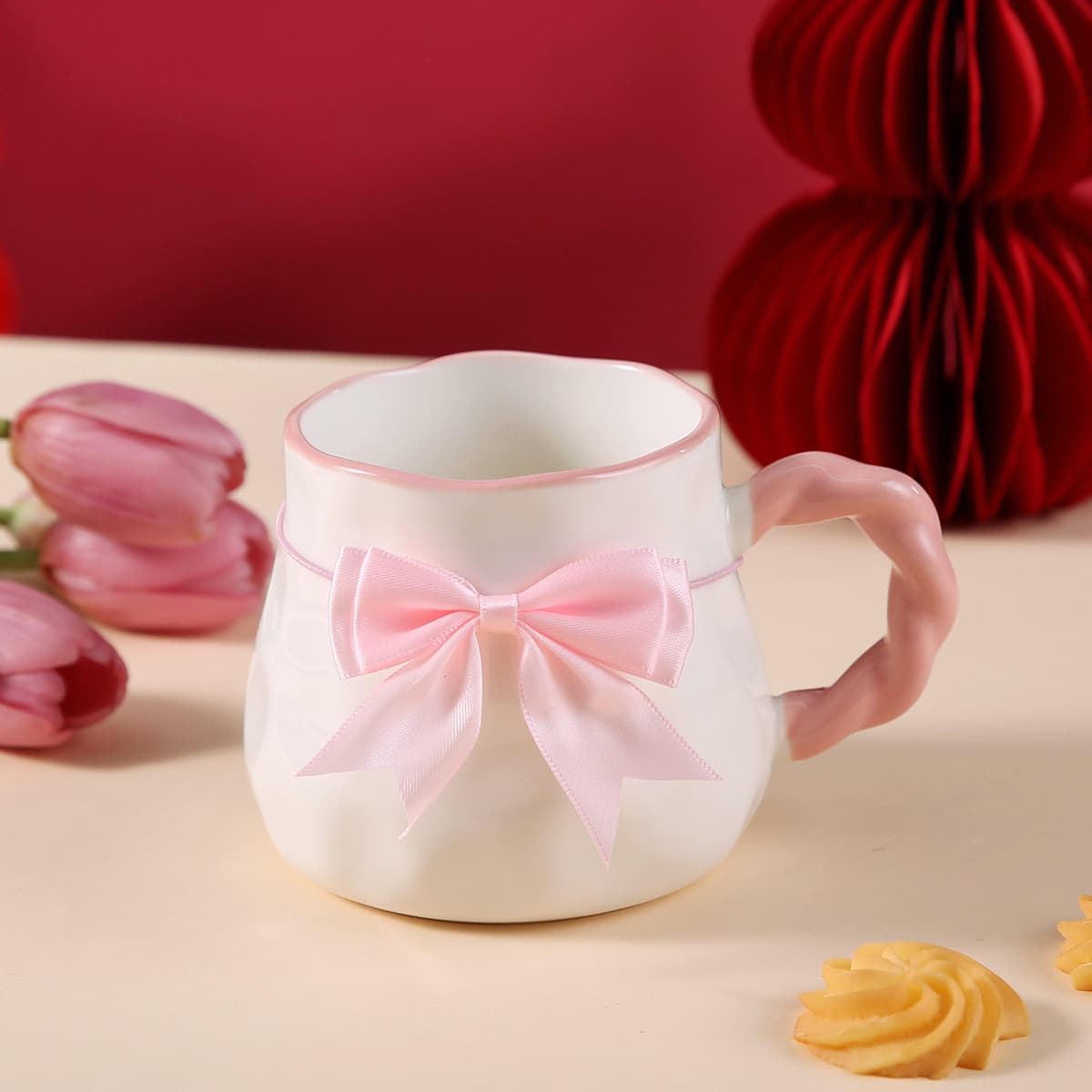 High-Aesthetic Bow Ceramic Mug, Cute Girl Water Cup, Creative Gift for Birthday and Souvenir, Ceramic Coffee Mug