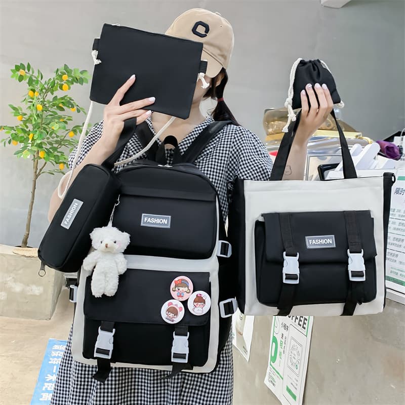 Cross-border new campus five-piece set student school bag cartoon student tutoring bag Harajuku style junior high school student backpack