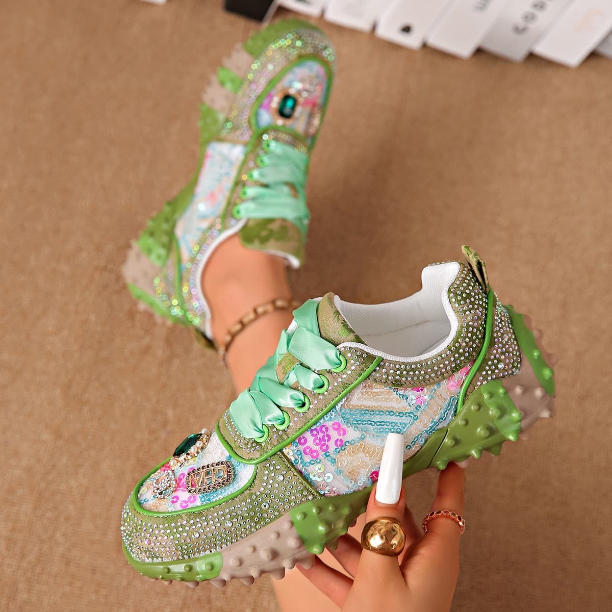 Cross-border foreign trade low-top rhinestone durian shoes for women, new flat sole shoes, diamond-encrusted dad shoes for women, sports and leisure, versatile