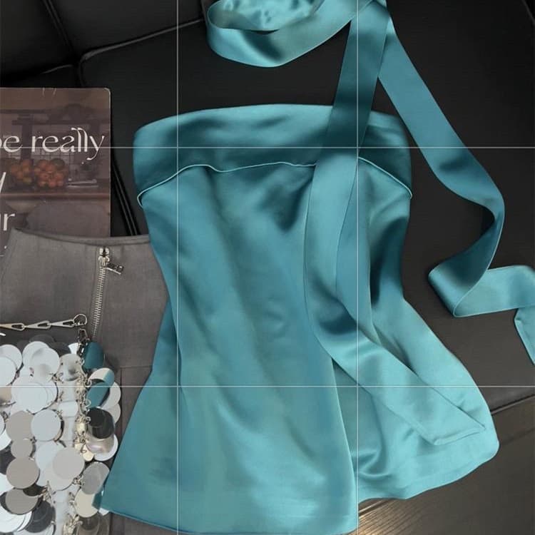 Ribbon Halter Bustier Camisole for Women Acetate Satin High-End 2024 New Style Mature Sweet Spicy Sleeveless Top