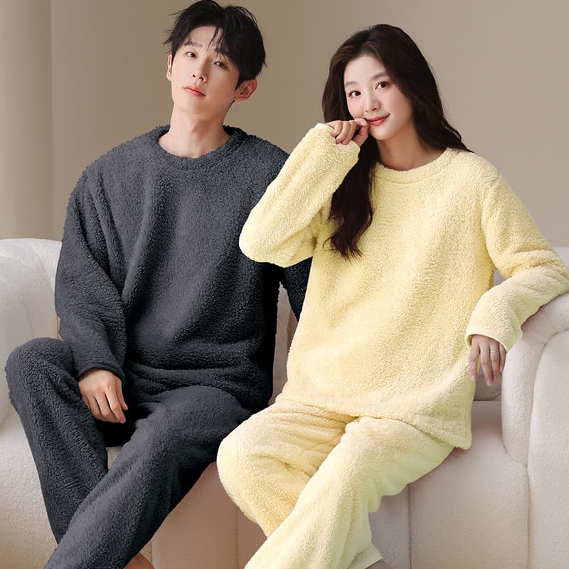 Couple Pajamas for Women Autumn Winter Long Plush Fleece Lined Thick Warm Round Neck Men's Homewear Set Wearable Outside
