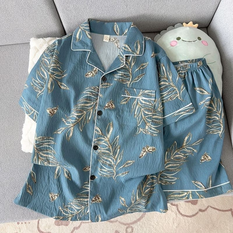 New Men's Cloud Cotton Thin Short Sleeve Short Pajama Set with Cardigan Style Cartoon Print Summer Home Wear