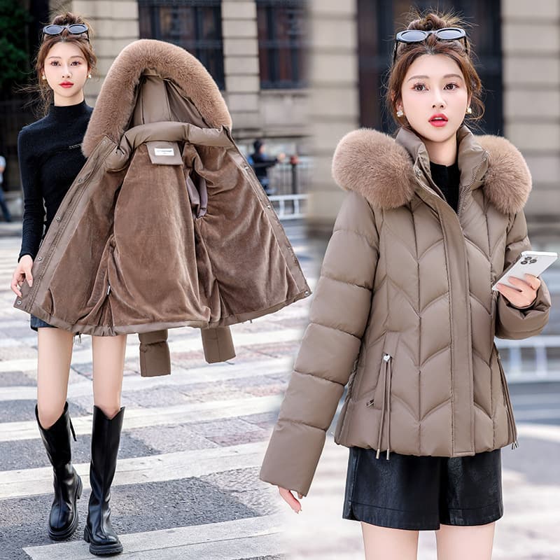 2025 cross-border foreign trade new style cotton-padded coat for women Korean version slim-fitting women's cotton-padded coat short large fur collar warm cotton coat