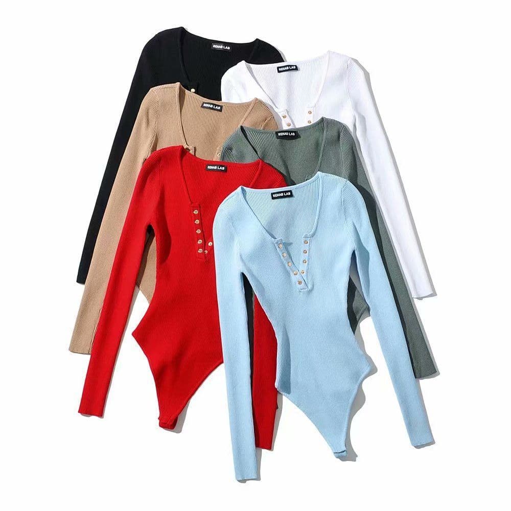 Thai Style Trendy European and American Long-Sleeved V-Neck Buttoned Jumpsuit Bottoming Shirt Women's Slim Solid Color Shirt Basic Top