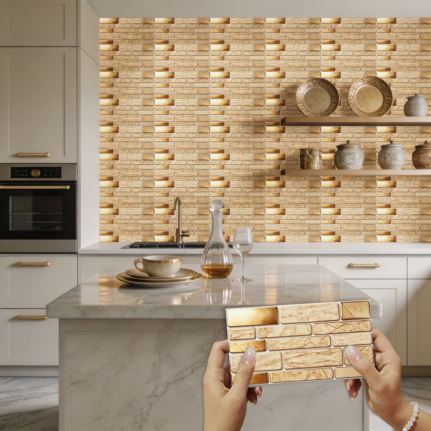 Retro country style warm yellow brown tone simulated marble wall stickers living room kitchen background wall beautification and renovation stickers