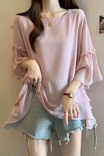 Plus Size Women's 2026 Summer French Short Sleeve Chiffon Top Loose Cover Belly Blouse for Women Up to 200 lbs
