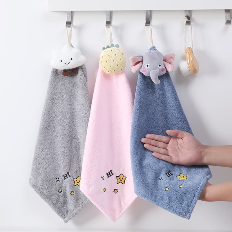 Wholesale thickened large coral fleece plush hanging absorbent towel, cute embroidered square hand towel