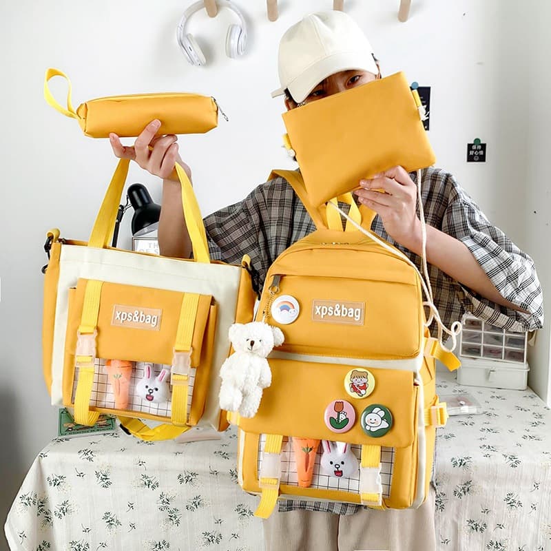 Four-Piece Set of Student Backpacks for Female Elementary, Junior High, High School, and College Students, Canvas Contrasting Color Backpacks Wholesale