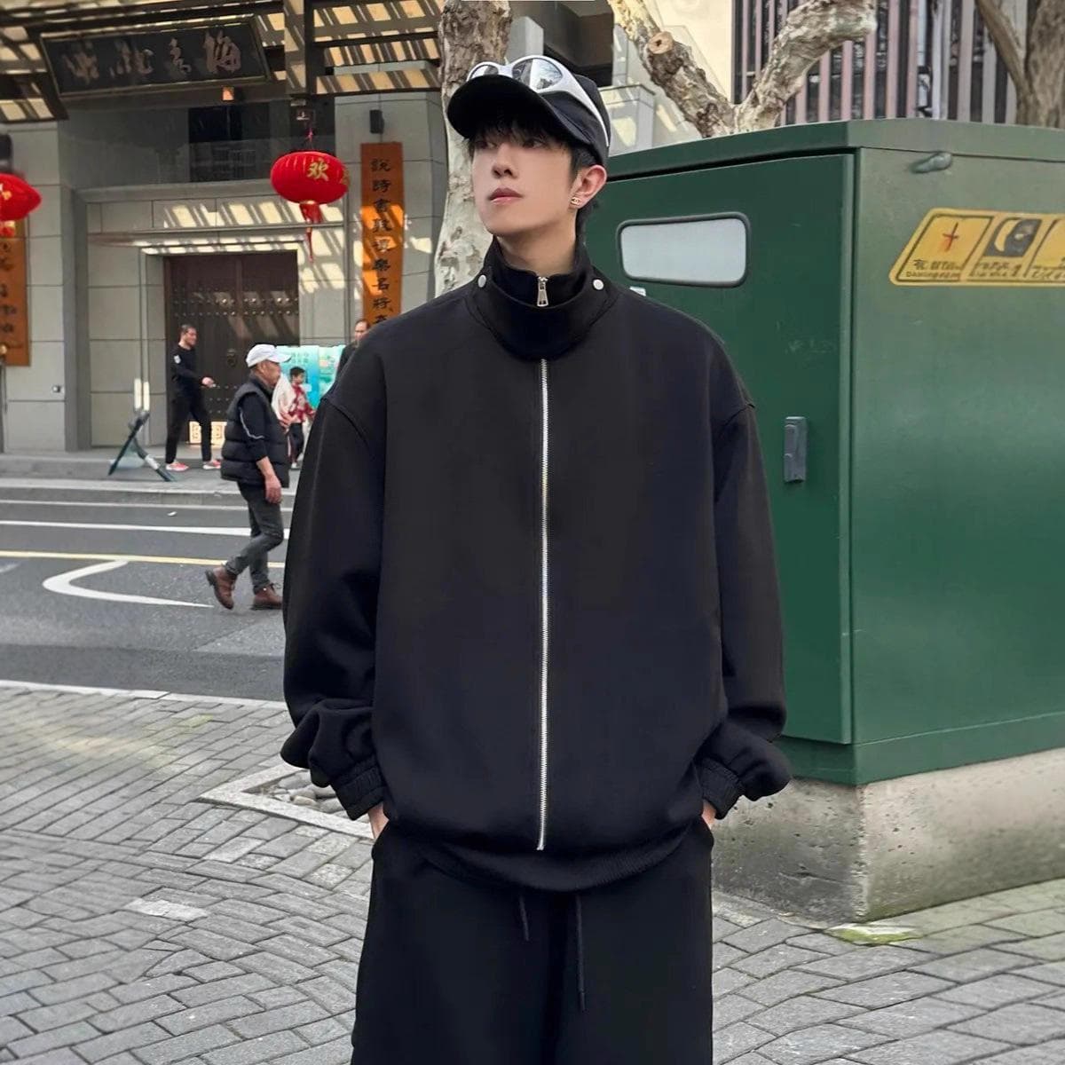2026 Spring/Autumn Lazy Style Stand Collar Unisex Casual Trendy Cardigan Sweatshirt Heavyweight Structured Shoulder Pad Jacket for Men
